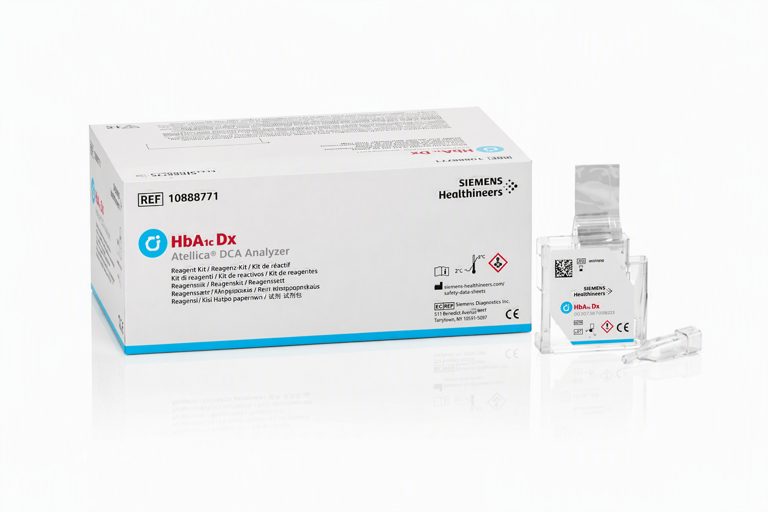 Siemens Healthineers HbA1c DX Atellica DCA Analyzer reagent kit box and cartridge on a white background.