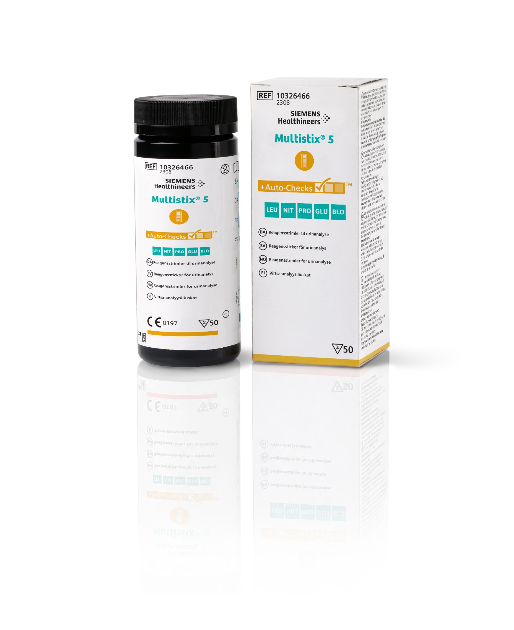 Siemens Multistix 5 urine test strips container and box with product information and logos visible.