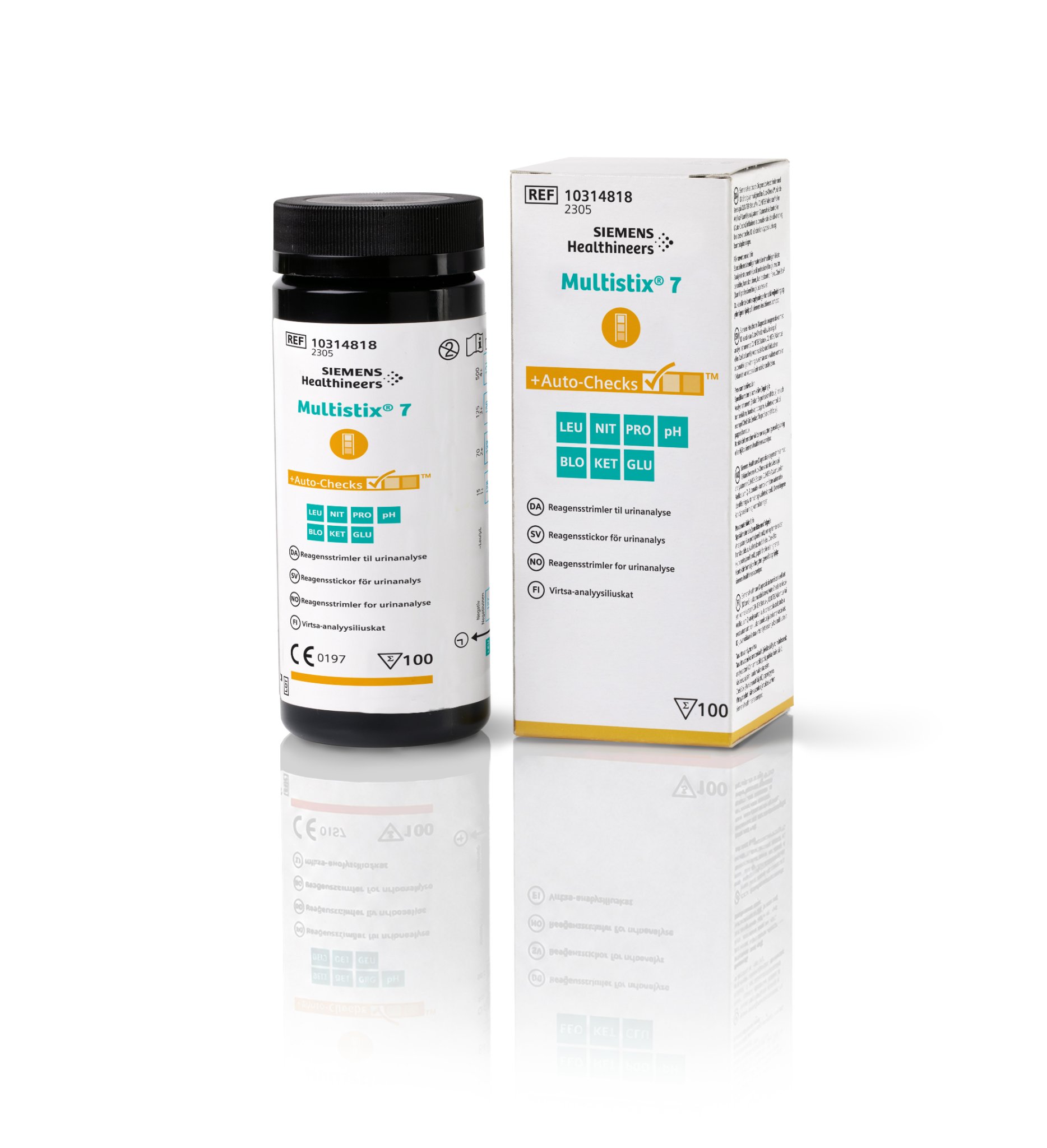 Siemens Multistix 7 urine test strips container and box for urinalysis, labeled with test parameters.
