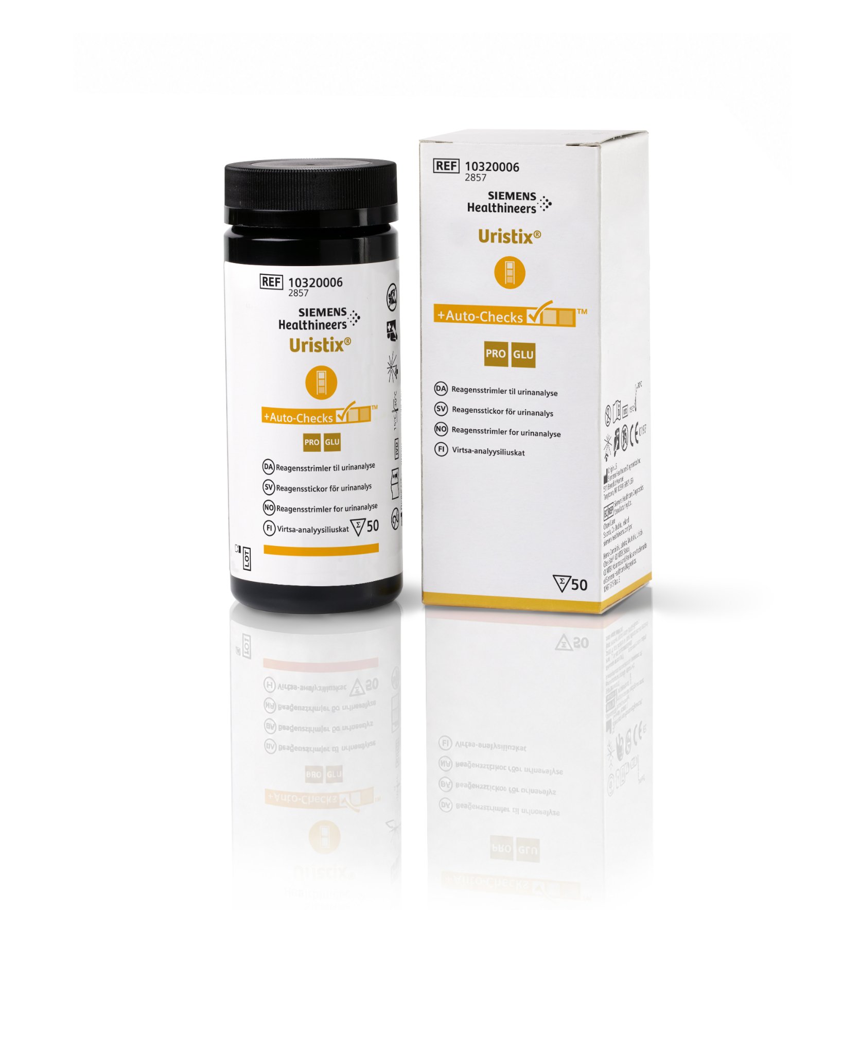 Siemens Healthineers Uristix urinalysis test strip container and box, labeled with product details.