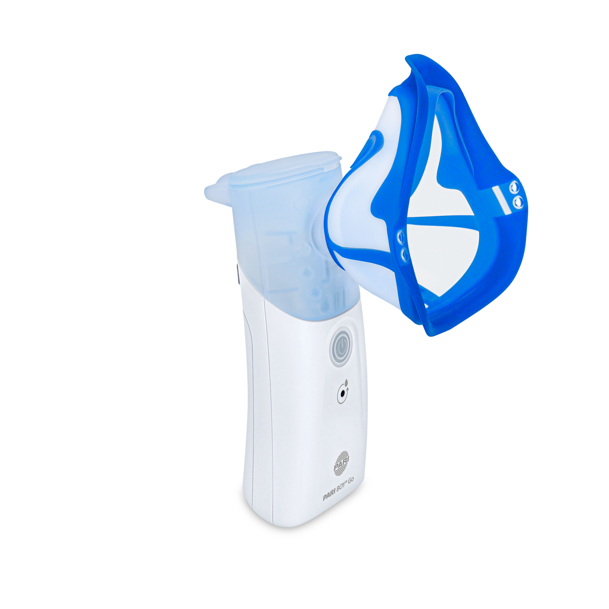 Portable nebulizer with a blue and white face mask attachment on a white background.