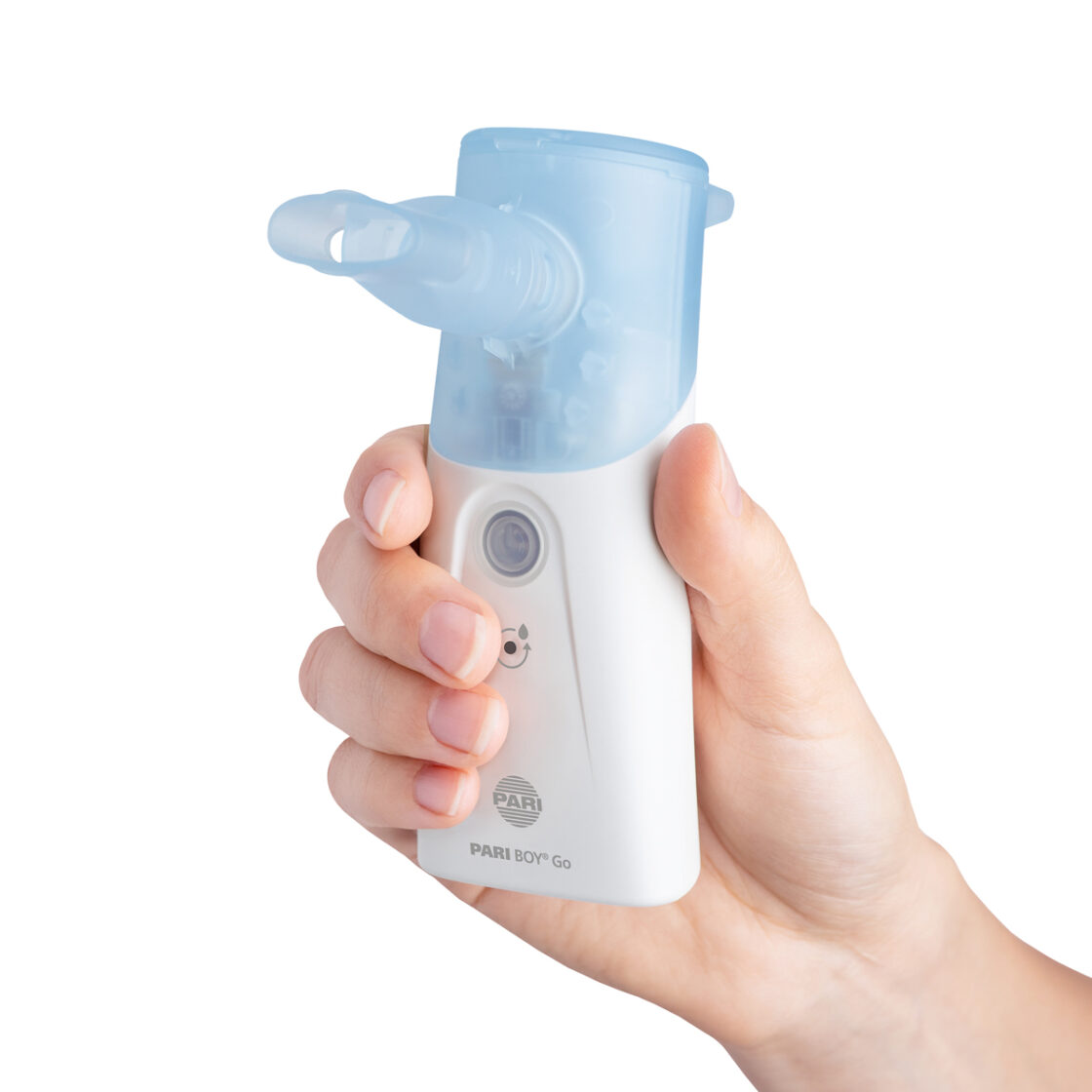 Hand holding a portable nebulizer device with a blue mouthpiece, labeled "PARI BOY Go" on a white background.