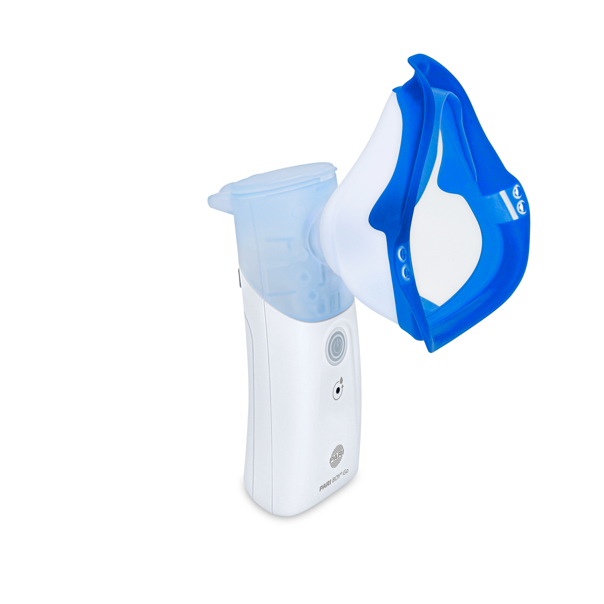 Portable nebulizer with a blue and white face mask attachment, designed for respiratory treatments.